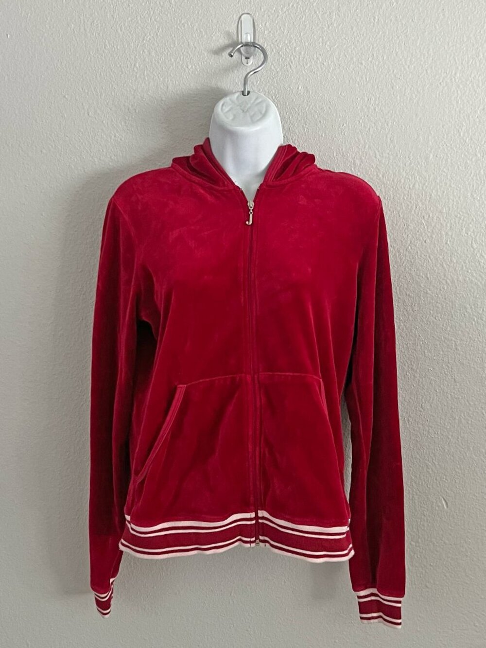 Y2K Juicy Couture Red Velour Track Jacket Hooded Vintage USA McBling Size XL